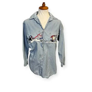 Warner Brother Studios Womens FLAW Denim Looney Toons Christmas Shirt SZ XS Y2K